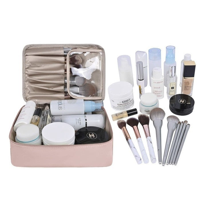 Geanta de Calatorie pentru Cosmetice si Articole de Toaleta, Organizator 2 in 1 cu Portfard Detasabil si Suport Pensule, Material Impermeabil PU, Roz, 23 x 16 x 8 cm
