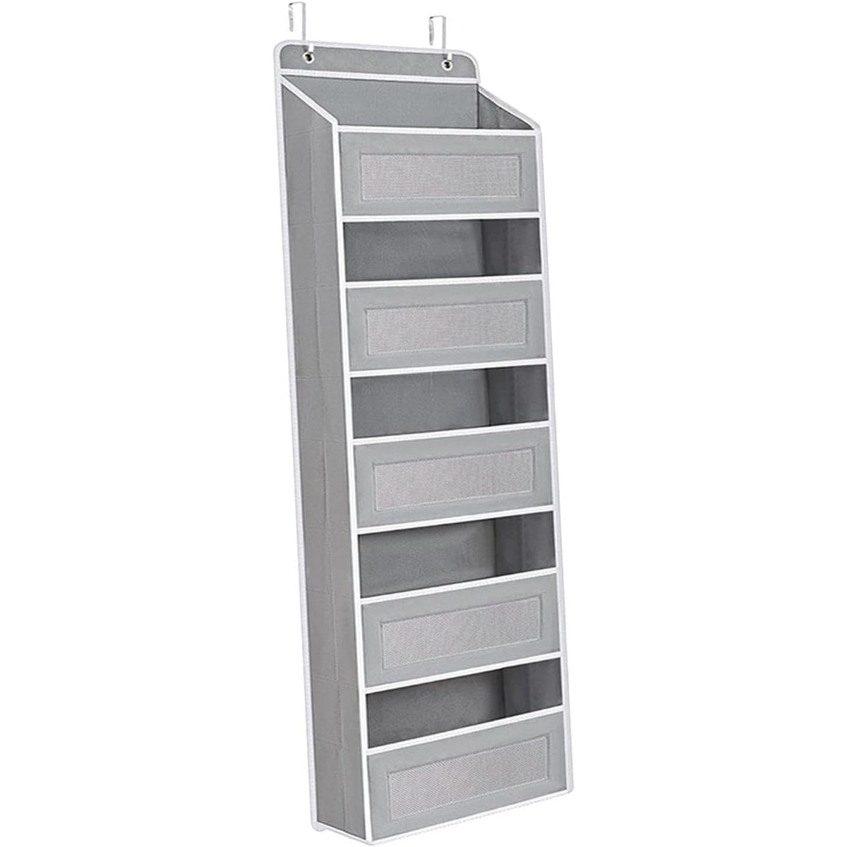 Organizator Suspendat Pentru Usa Cu 5 Compartimente Mari Si 5 Buzunare Laterale, Depozitare Verticala Din Nailon Si Plasa Respirabila, Baza Intarita, Include 2 Carlige Metalice, 146 x 40 x 17 cm, Gri