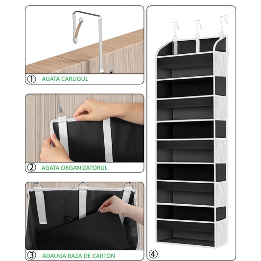 Organizator Suspendat Pentru Usa, 5 Buzunare Principale Si 10 Buzunare Laterale, Nailon Si Plasa Cu Fereastra Transparenta, 3 Carlige Metalice Incluse, 140 x 39 x 17 cm, Negru