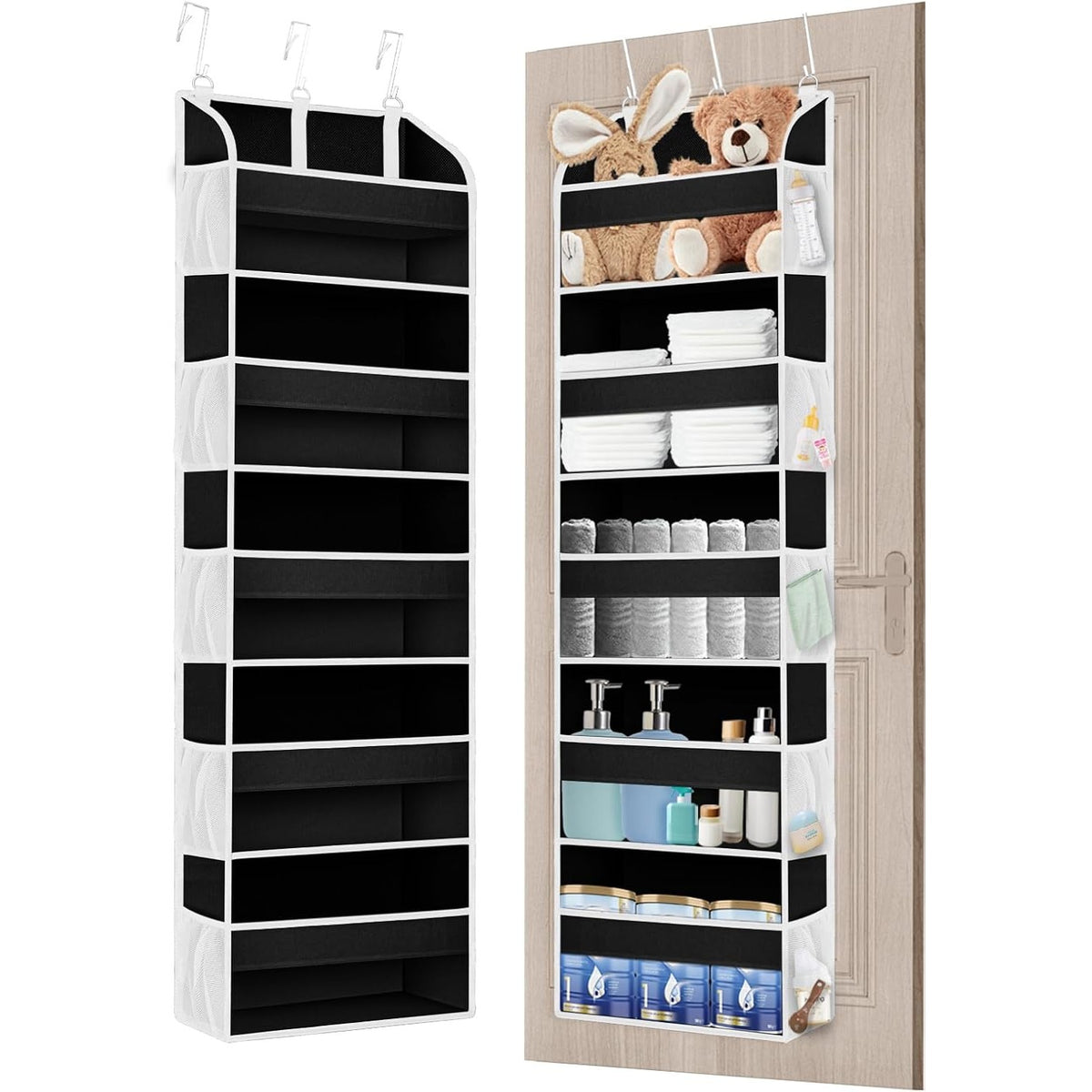 Organizator Suspendat Pentru Usa, 5 Buzunare Principale Si 10 Buzunare Laterale, Nailon Si Plasa Cu Fereastra Transparenta, 3 Carlige Metalice Incluse, 140 x 39 x 17 cm, Negru