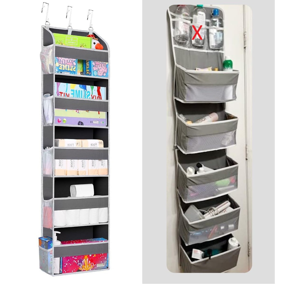 Organizator Suspendat pentru Usa, Depozitare cu 5 Compartimente si 10 Buzunare Laterale, Nailon si Plasa, Fereastra Transparenta, 140 x 39 x 17 cm, 3 Carlige Incluse, Gri