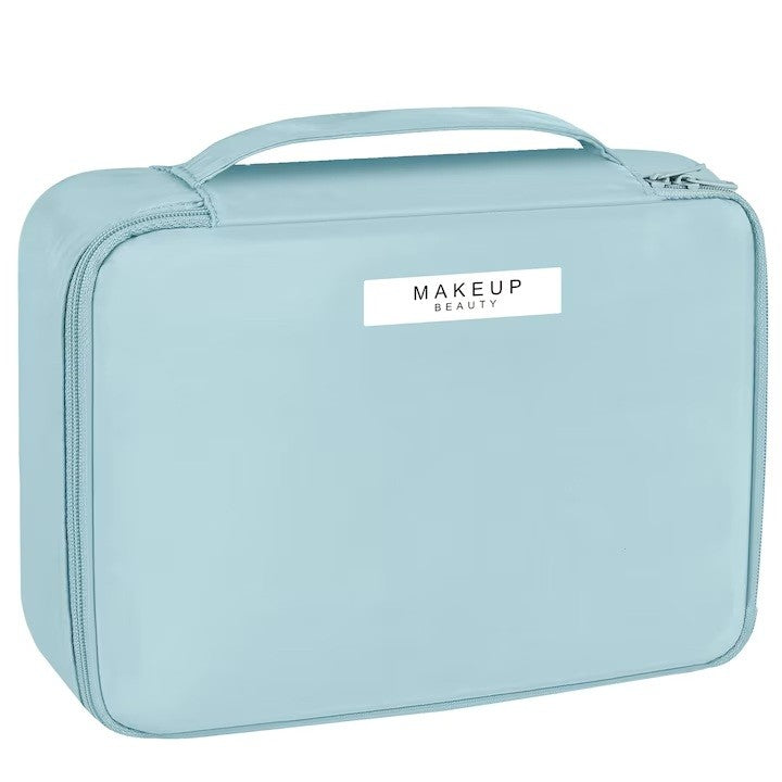 Geanta de Calatorie pentru Cosmetice si Articole de Toaleta, Organizator 2 in 1 cu Portfard Detasabil si Suport Pensule, Material Impermeabil PU, 23 x 16 x 8 cm, Albastru