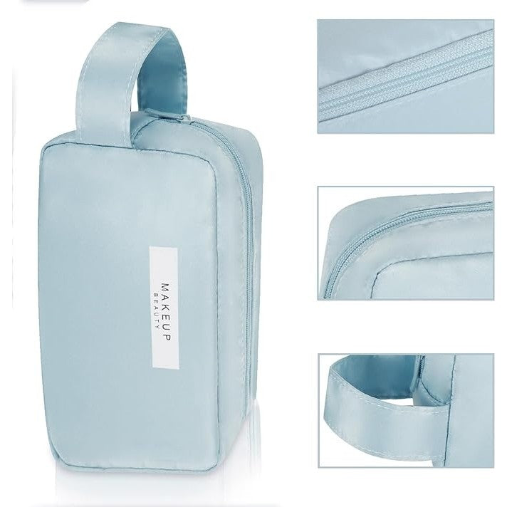 Portfard pentru Cosmetice, Geanta Organizator Machiaj cu Maner, Material Impermeabil PU, Compartimente Interioare, Inchidere Fermoar Bidirictional, 16 x 11 x 7 cm, Albastru