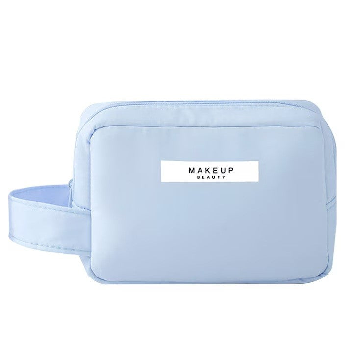 Portfard pentru Cosmetice, Geanta Organizator Machiaj cu Maner, Material Impermeabil PU, Compartimente Interioare, Inchidere Fermoar Bidirictional, 16 x 11 x 7 cm, Albastru