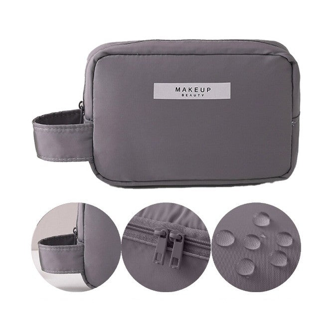 Portfard Cosmetice Impermeabil cu Maner, Geanta Organizator Machiaj din PU, Compartimente Interioare, Inchidere Fermoar Bidiriectional, Gri, 16 x 11 x 7 cm