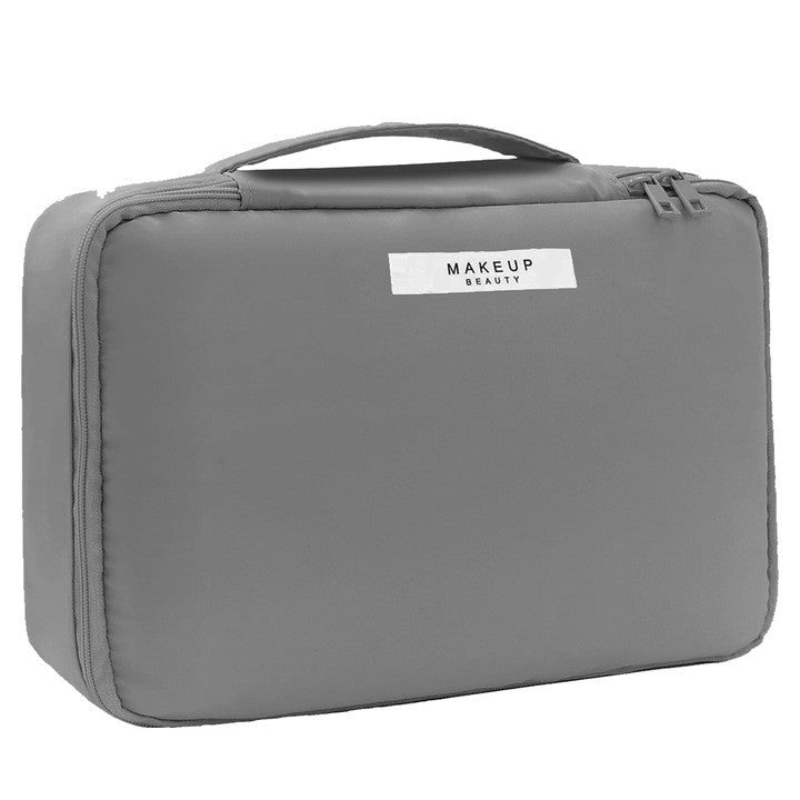 Geanta Calatorie pentru Cosmetice si Articole de Toaleta, Organizator Machiaj 2 in 1 cu Portfard Detasabil si Suport Pensule, Material Impermeabil PU, 23 x 16 x 8 cm, Gri