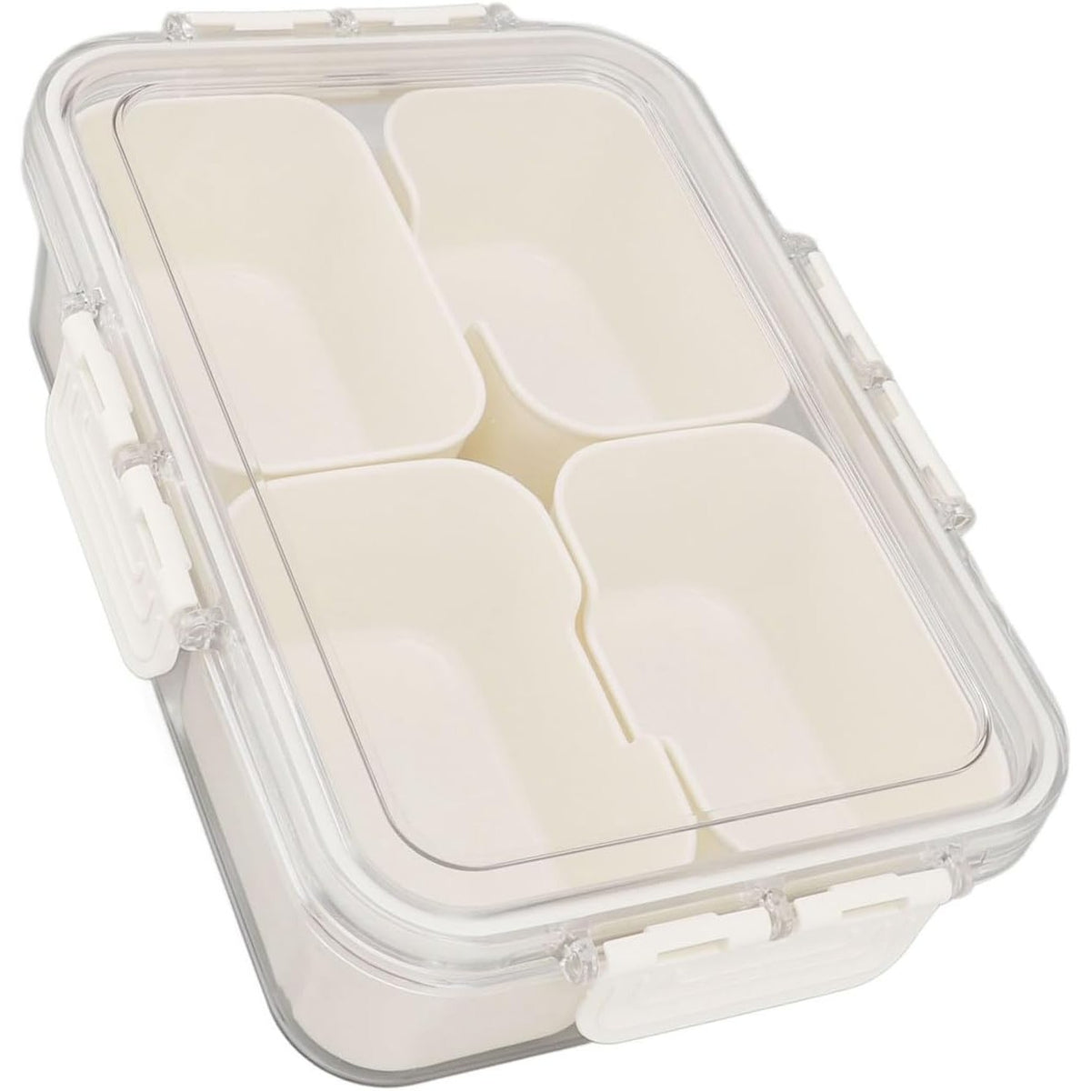 Cutie Alimentara pentru Condimente si Gustari, Organizator cu 4 Compartimente si Inchidere Etansa, Plastic PET si PP cu Maner, 25 x 8 x 18 cm, Alb