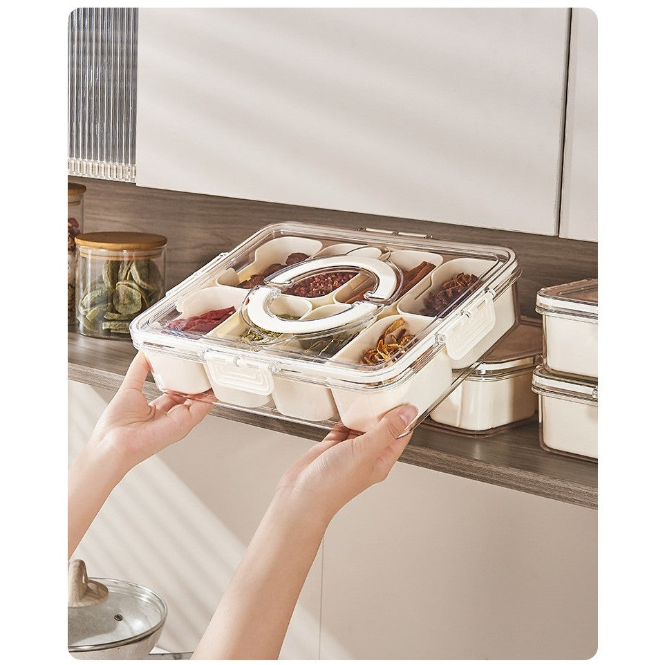 Cutie Alimentara pentru Condimente si Gustari, Organizator Multifunctional cu Inchidere Etansa si Maner, Plastic PET si PP, 8 Compartimente, 32 x 8 x 25 cm, Alb/Transparent