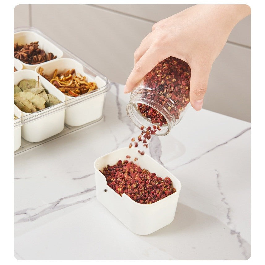 Cutie Alimentara pentru Condimente si Gustari, Organizator Multifunctional cu Inchidere Etansa si Maner, Plastic PET si PP, 8 Compartimente, 32 x 8 x 25 cm, Alb/Transparent