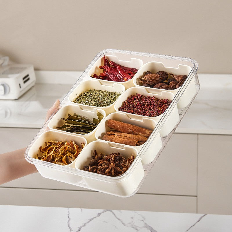 Cutie Alimentara pentru Condimente si Gustari, Organizator Multifunctional cu Inchidere Etansa si Maner, Plastic PET si PP, 8 Compartimente, 32 x 8 x 25 cm, Alb/Transparent