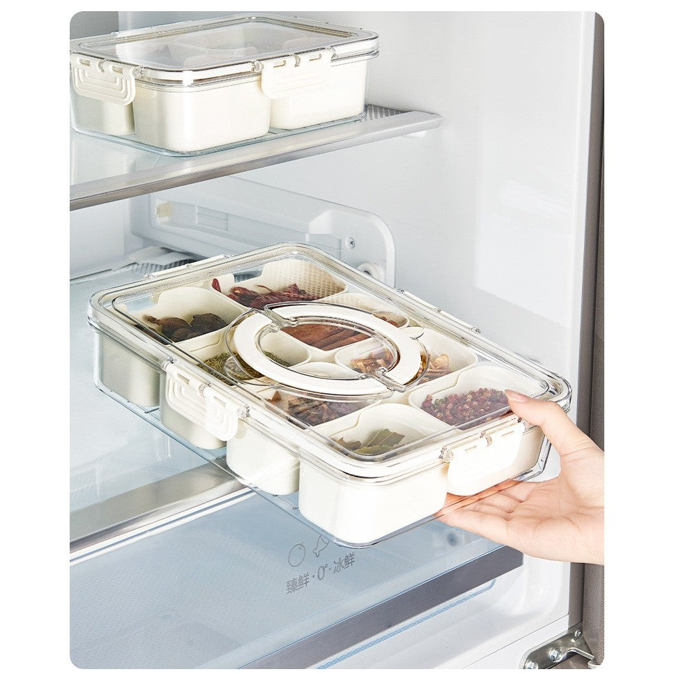 Cutie Alimentara pentru Condimente si Gustari, Organizator Multifunctional cu Inchidere Etansa si Maner, Plastic PET si PP, 8 Compartimente, 32 x 8 x 25 cm, Alb/Transparent