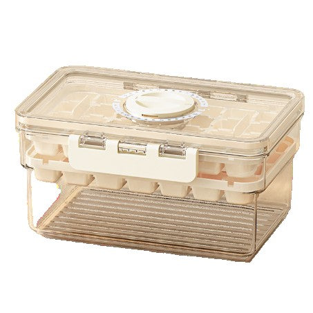 Forma de Gheata cu Doua Straturi si Recipient Depozitare, Eliberare Rapida prin Apasare, Inchidere Etansa, Plastic PP si PET, 19 x 12 x 9.5 cm, Bej