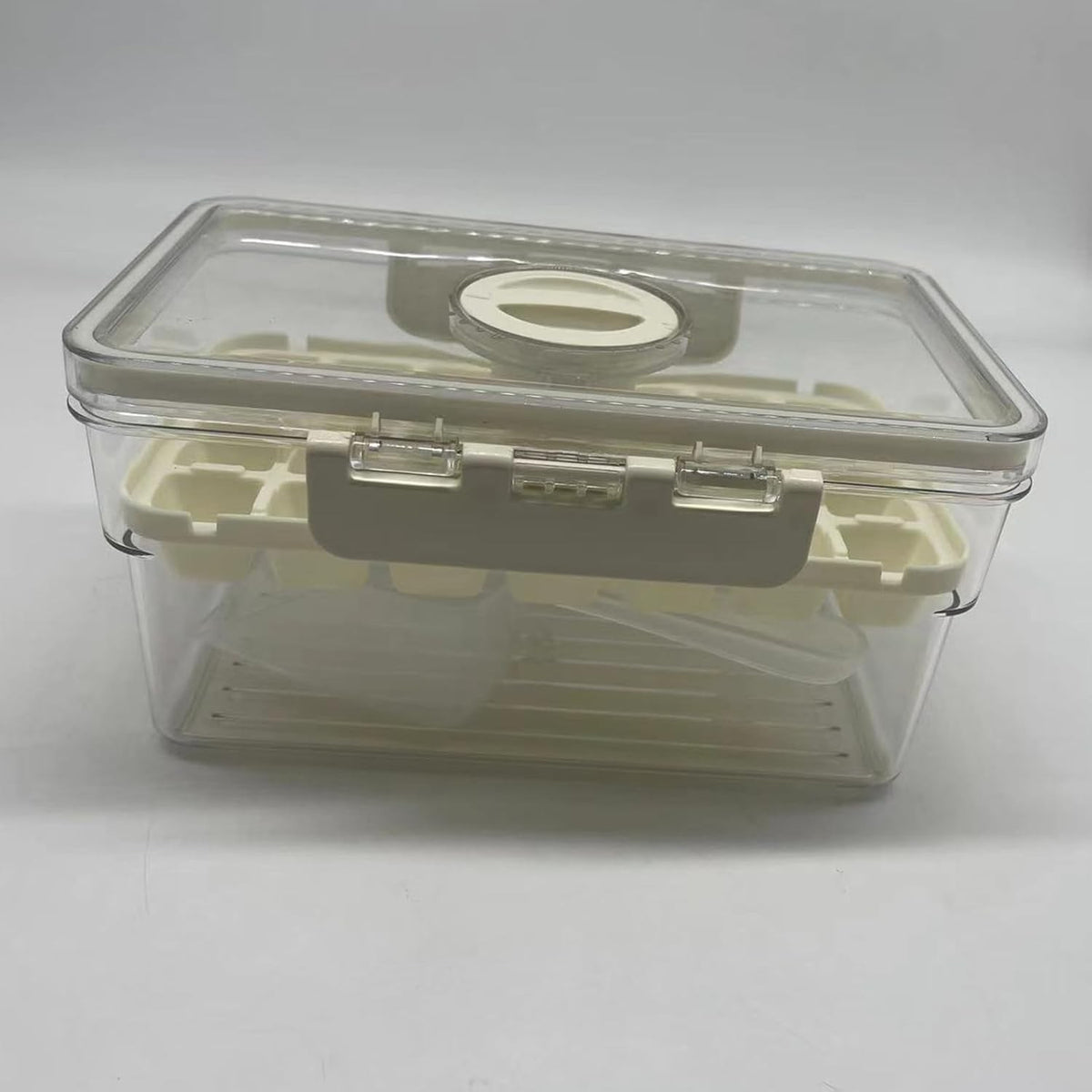 Formă de Gheață cu Eliberare Rapidă prin Apăsare, Închidere Etanșă și Recipient Depozitare, Material PP și PET, 19 x 12 x 9.5 cm, Bej