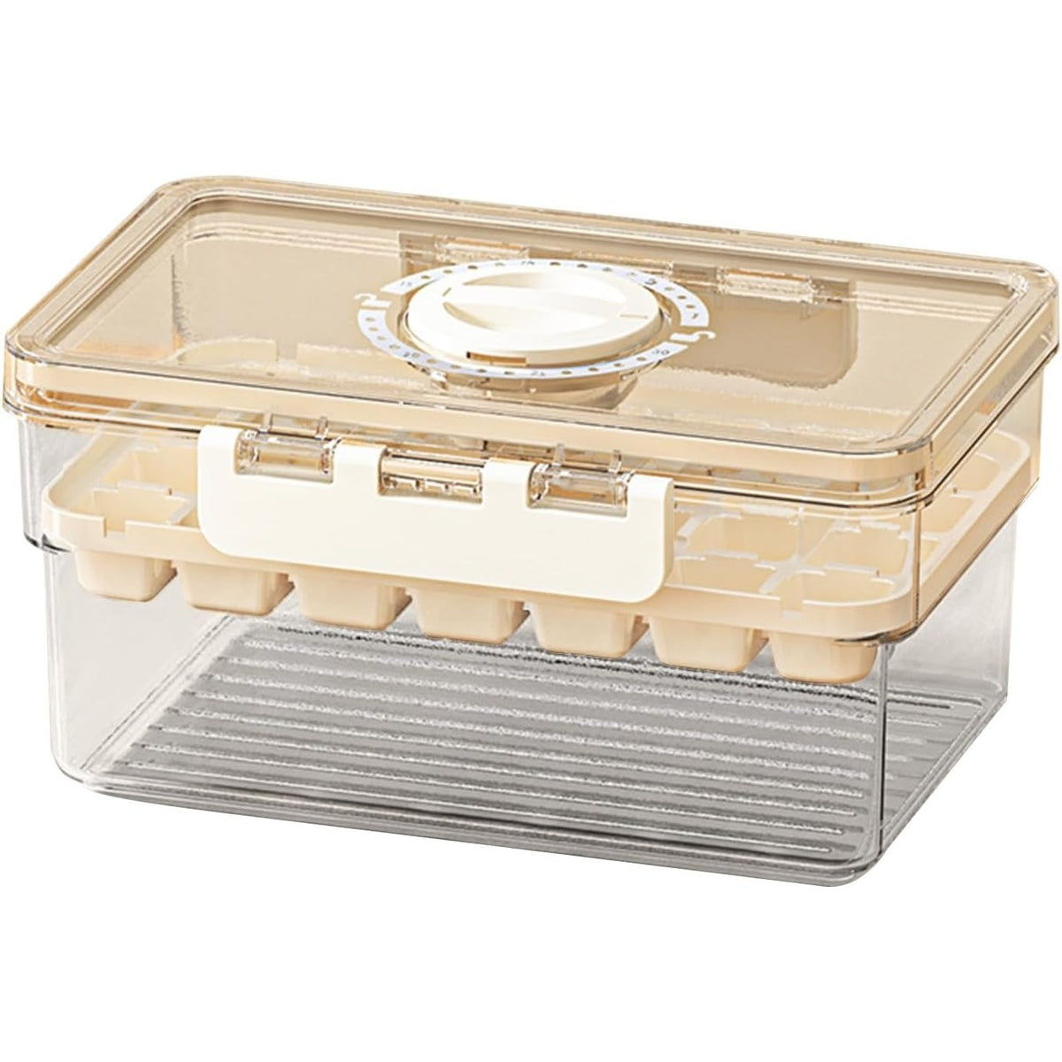 Formă de Gheață cu Eliberare Rapidă prin Apăsare, Închidere Etanșă și Recipient Depozitare, Material PP și PET, 19 x 12 x 9.5 cm, Bej