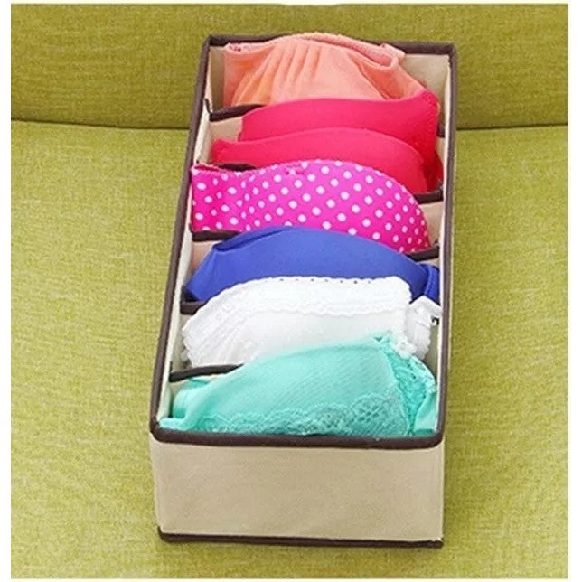 Organizator Cutie Depozitare pentru Lenjerie, Sosete si Sutiene, Design Pliabil cu 6 Compartimente, Material Textil Oxford, 32 x 16 x 10 cm, Bej