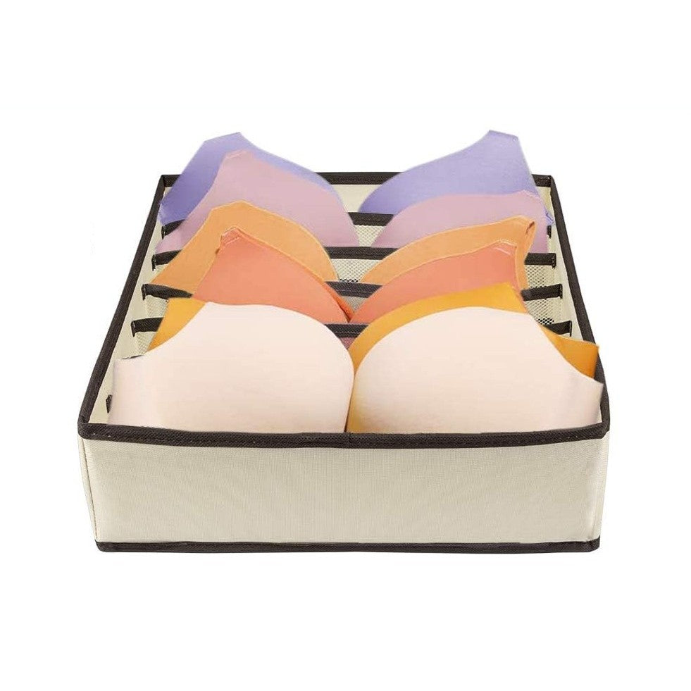 Organizator Cutie Depozitare pentru Lenjerie, Sosete si Sutiene, Design Pliabil cu 7 Compartimente, Material Textil Oxford si Plastic, 32 x 32 x 10 cm, Bej