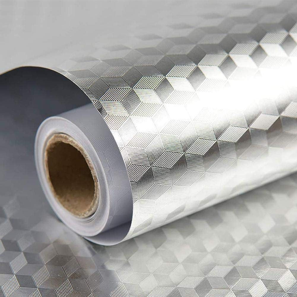 Autocolant De Bucatarie Autoadeziv, Folie Protectie Rezistenta La Caldura Si Impermeabila, PVC Si Aluminiu, Model Cub 3D, 60 x 300 cm, Argintiu