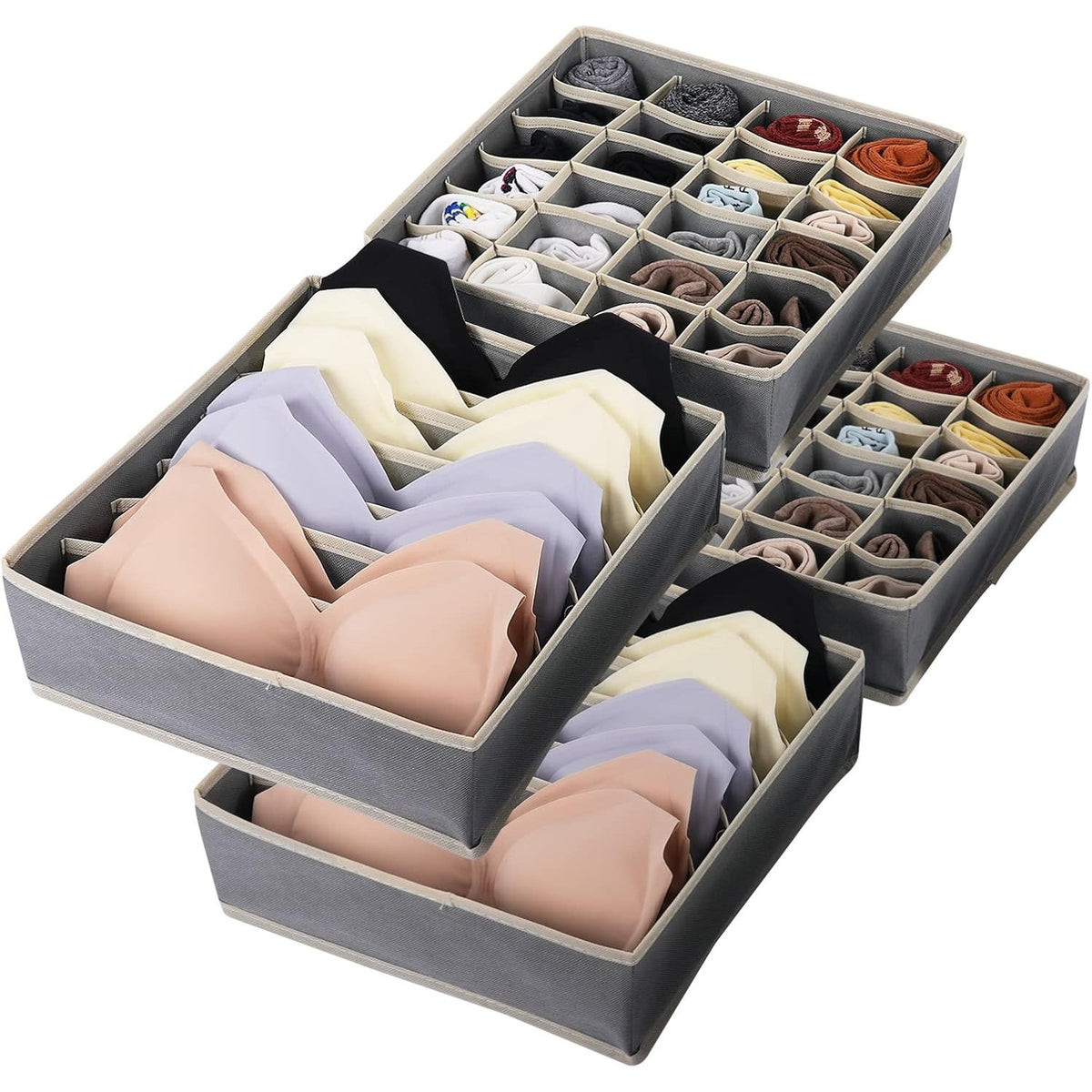 Cutie De Depozitare Organizator Pentru Lenjerie, Sosete Si Sutiene, Design Pliabil Cu Fermoar, Material Textil Oxford, 24 Compartimente, 32 x 32 x 10 cm, Gri