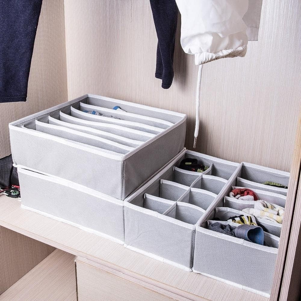 Organizator Cutie Depozitare Lenjerie, Sosete si Sutiene, Design Pliabil cu Fermoar, Material Textil Oxford si PP, 7 Compartimente, 32 x 32 x 10 cm, Gri