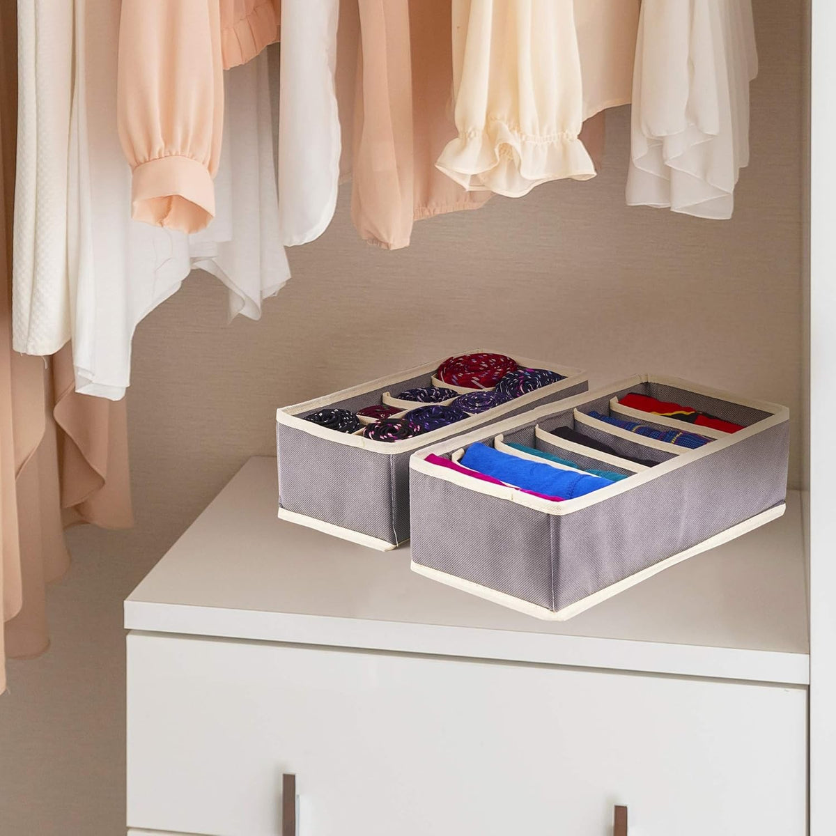 Organizator Sertar Pentru Lenjerie, Sosete Si Sutiene, Cutie Depozitare Pliabila, Material Textil Oxford, 6 Compartimente, 32 x 16 x 10 cm, Gri