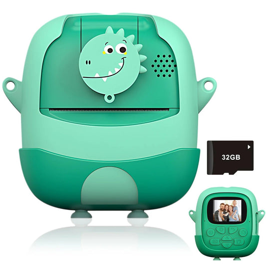 Aparat Foto Instant pentru Copii, Camera Foto si Video 24MP, Imprimare Termica Alb-Negru, Ecran HD 2.4 Inch, Bluetooth, Slot Card 32GB, Model Dinozaur, 10 Role Hartie si Markere, Verde