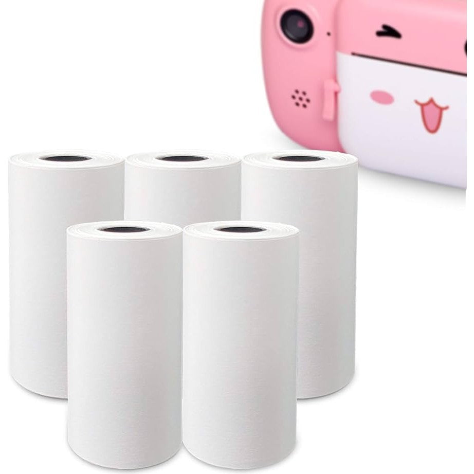 Mini Imprimanta Foto Portabila, Imprimare Termica Fara Cerneala, Bluetooth, Rezolutie 200 DPI, Model Ursulet, 5 Role Hartie Termica, 5 Role Autoadezive, Markere, Alb/Roz