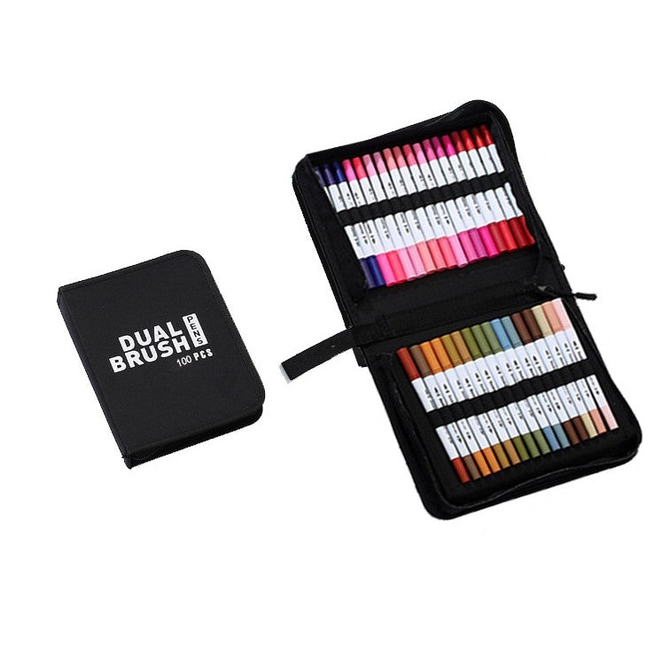 Set Carioci pe Baza de Apa cu Doua Capete, Tip Pensula si Varf Subtire, pentru Pictura si Caligrafie, Cerneala Non-Toxica, Penar Inclus, 100 Culori, Multicolor