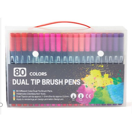 Set 80 Carioci cu Dublu Varf, Pensula 1-2 mm si Liner 0.4 mm, Cerneala pe Baza de Apa, Corp Plastic Negru, Multicolor