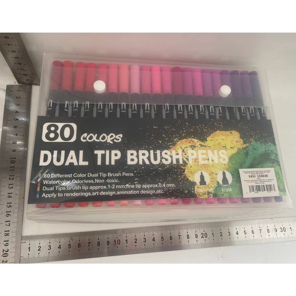 Set 80 Carioci cu Dublu Varf, Pensula 1-2 mm si Liner 0.4 mm, Cerneala pe Baza de Apa, Corp Plastic Negru, Multicolor