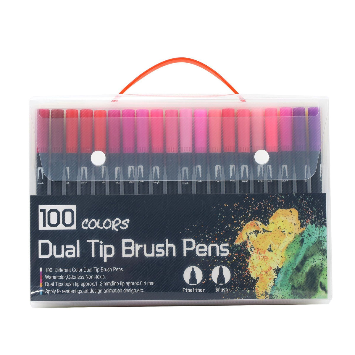 Set 100 Carioci cu Dublu Varf, Cerneala pe Baza de Apa, Varf Pensula 1-2 mm si Varf Subtire 0.4 mm, Plastic, Multicolor