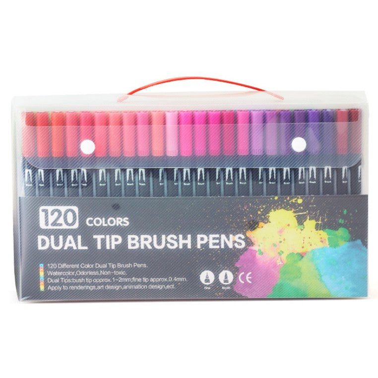 Set 120 Carioci cu Dublu Varf, Pensula 1-2 mm si Liner 0.4 mm, Cerneala pe Baza de Apa, Corp Plastic Negru, Multicolor
