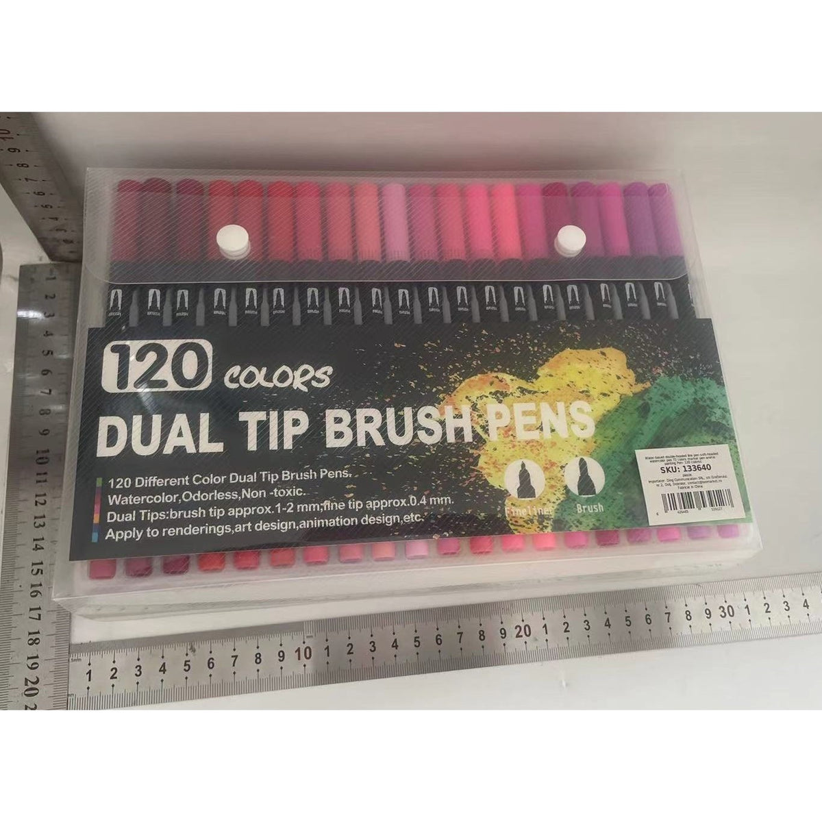 Set 120 Carioci cu Dublu Varf, Pensula 1-2 mm si Liner 0.4 mm, Cerneala pe Baza de Apa, Corp Plastic Negru, Multicolor