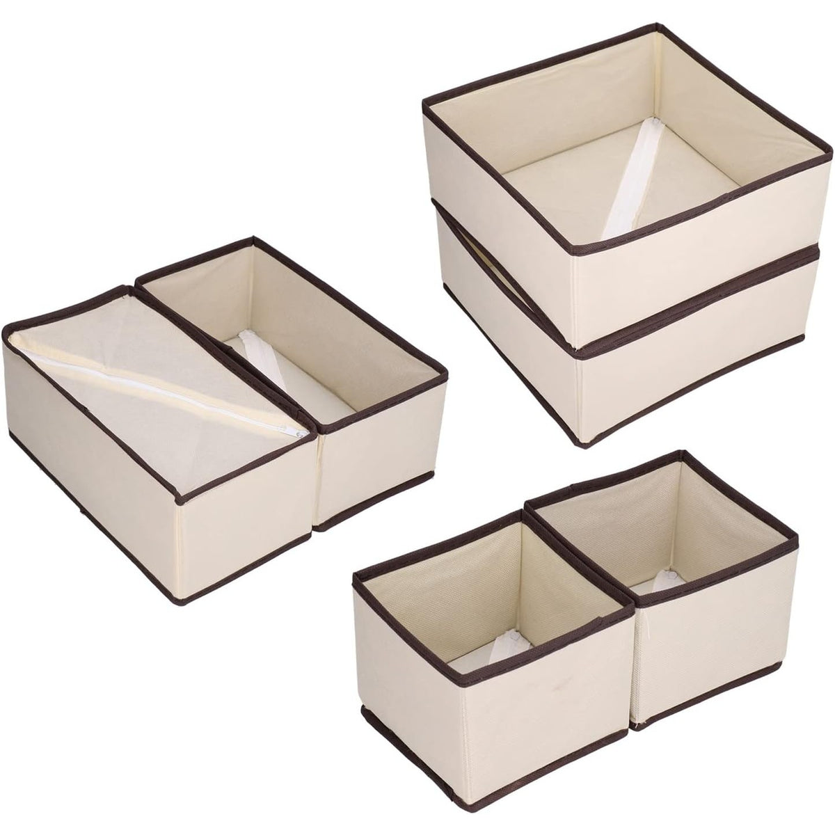 Organizator Sertar pentru Lenjerie si Tricouri, Set 6 Piese, Design Pliabil si Stivuibil, Tesatura Ecologica Respirabila, 3 Marimi, Alb/Maro