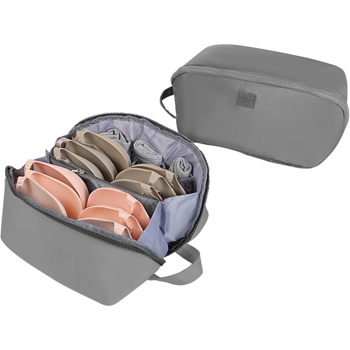 Geanta Organizator pentru Lenjerie Intima, Sutiene si Sosete, 3 in 1, Portabila pentru Calatorii, Deschidere 180 Grade, Poliester Respirabil, 23 x 13 x 13 cm, Gri