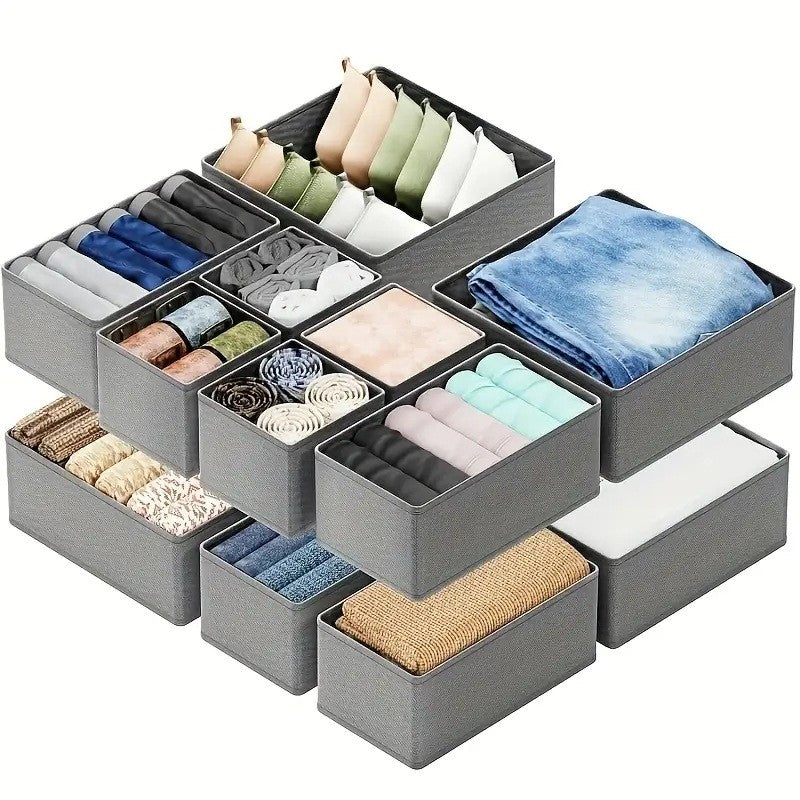 Set Organizatoare Sertar Pentru Lenjerie Si Tricouri, Design Pliabil Si Stivuibil, Tesatura Ecologica Respirabila, 3 Marimi, 6 Piese, Gri