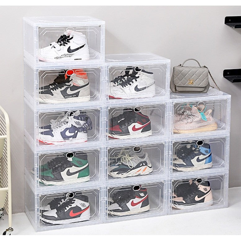 Organizator Pantofi, Cutie Depozitare Stivuibila si Pliabila, Usa Laterala Magnetica, Protectie Praf si Anti-Oxidare, Material PP si ABS, 36 x 28 x 21 cm, Transparent