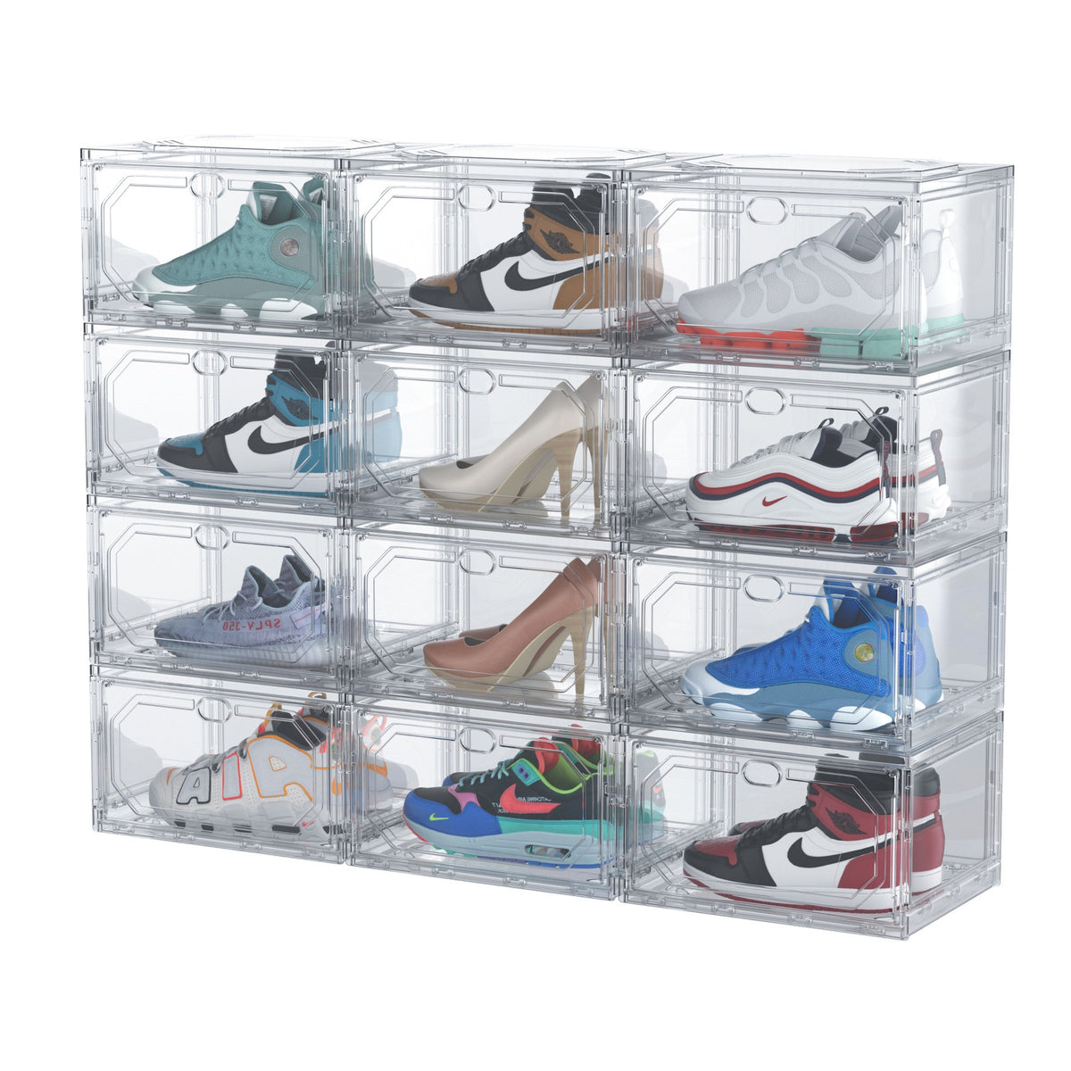 Organizator Pantofi, Cutie Depozitare Stivuibila si Pliabila, Usa Laterala Magnetica, Protectie Praf si Anti-Oxidare, Material PP si ABS, 36 x 28 x 21 cm, Transparent