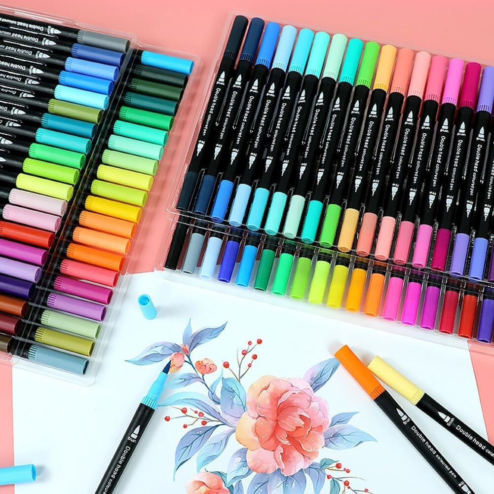 Set Carioci cu Doua Capete pentru Pictura si Caligrafie, Varf Pensula si Varf Subtire, Cerneala pe Baza de Apa, 72 Culori, Penar cu Fermoar inclus, Multicolor
