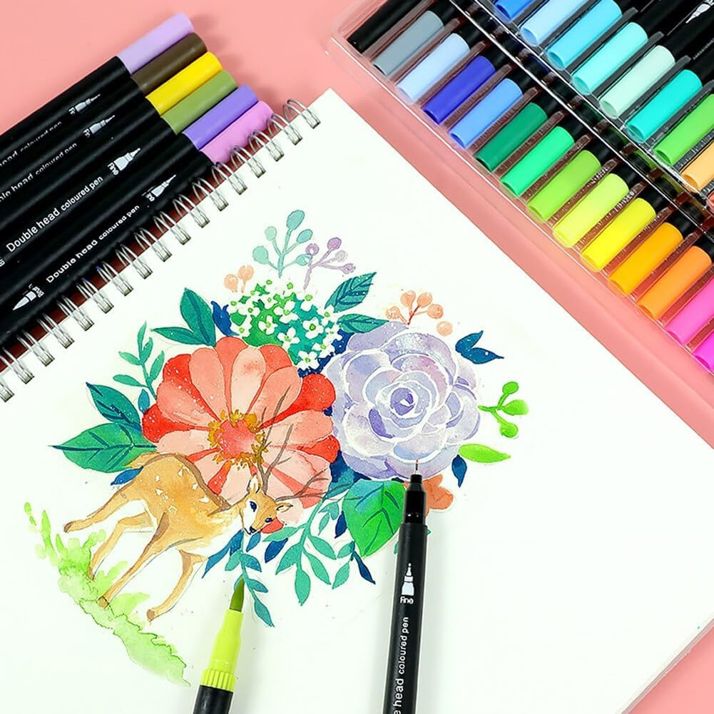 Set Carioci cu Doua Capete pentru Pictura si Caligrafie, Varf Pensula si Varf Subtire, Cerneala pe Baza de Apa, 72 Culori, Penar cu Fermoar inclus, Multicolor