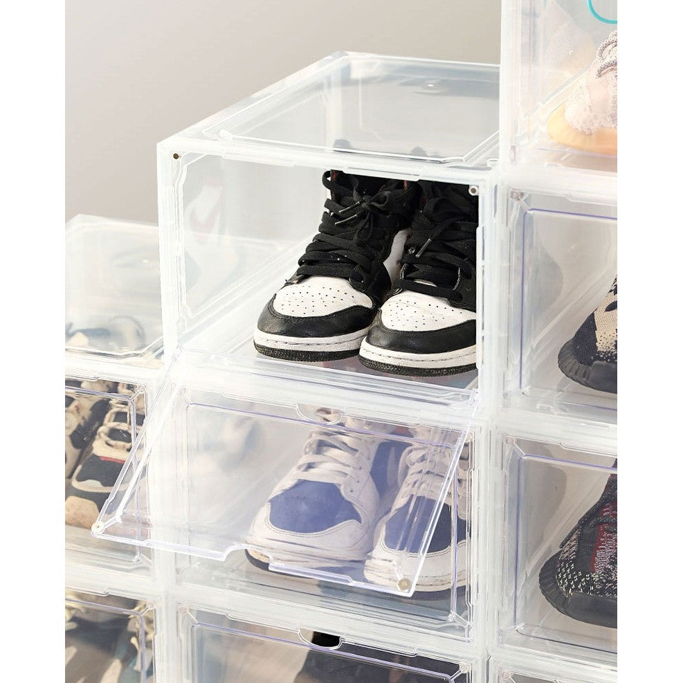 Organizator Pantofi Tip Cutie Depozitare, Usa Frontala Magnetica, Pliabil si Stivuibil, Material PP si ABS, 36 x 28 x 21 cm, Transparent