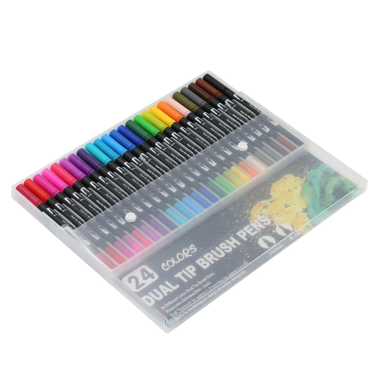 Set 24 Carioci cu Dublu Varf, Pensula 1-2 mm si Liner 0.4 mm, Cerneala pe Baza de Apa, Corp Plastic Negru, Multicolor