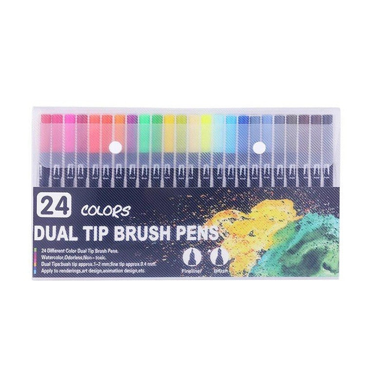 Set 24 Carioci cu Dublu Varf, Pensula 1-2 mm si Liner 0.4 mm, Cerneala pe Baza de Apa, Corp Plastic Negru, Multicolor