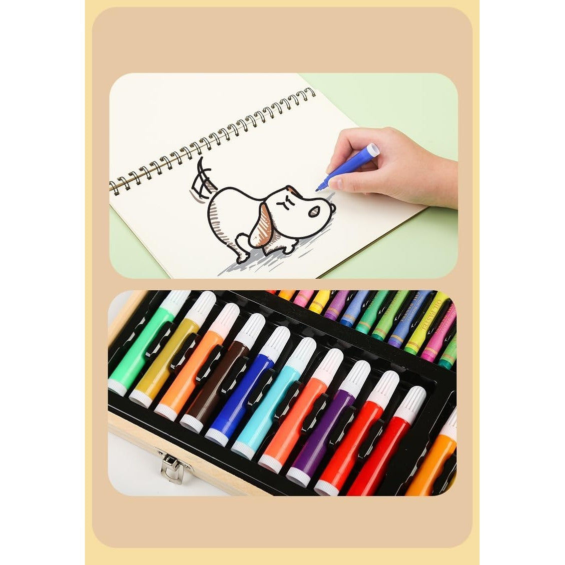 Set Desen și Pictură, Kit Creativ Complet cu 180 Piese, Carioci, Creioane Colorate și Acuarele, Servietă din Lemn Natur, 46 x 30.9 x 4.1 cm, Multicolor