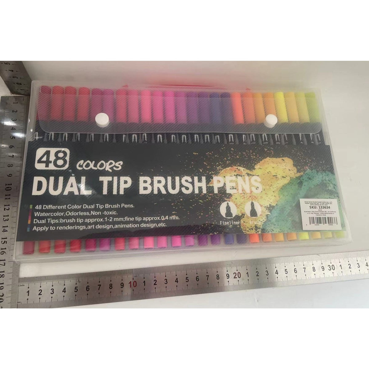 Set 48 Carioci Profesionale, Dublu Varf Pensula 1-2 mm si Liner 0.4 mm, Cerneala pe Baza de Apa, Corp Plastic Negru, Multicolor