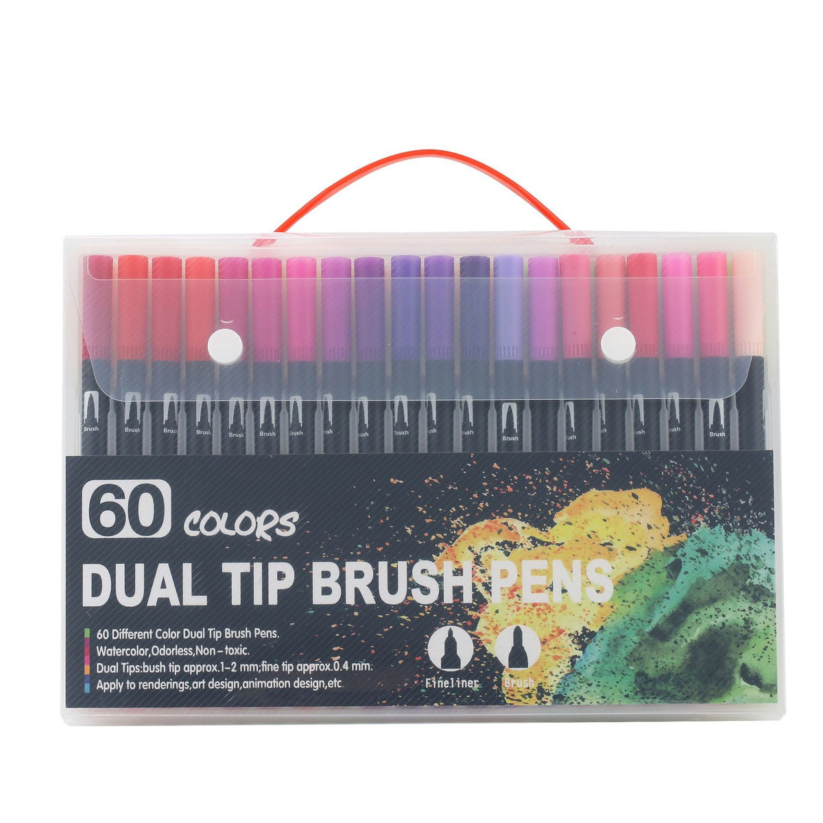 Set 60 Carioci cu Dublu Varf, Pensula 1-2 mm si Liner 0.4 mm, Cerneala pe Baza de Apa, Corp Plastic Negru, Multicolor