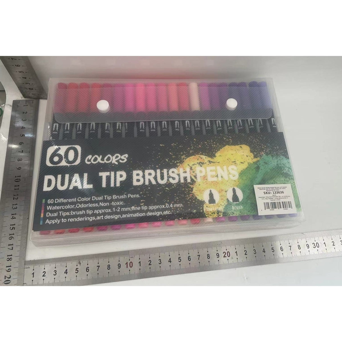 Set 60 Carioci cu Dublu Varf, Pensula 1-2 mm si Liner 0.4 mm, Cerneala pe Baza de Apa, Corp Plastic Negru, Multicolor