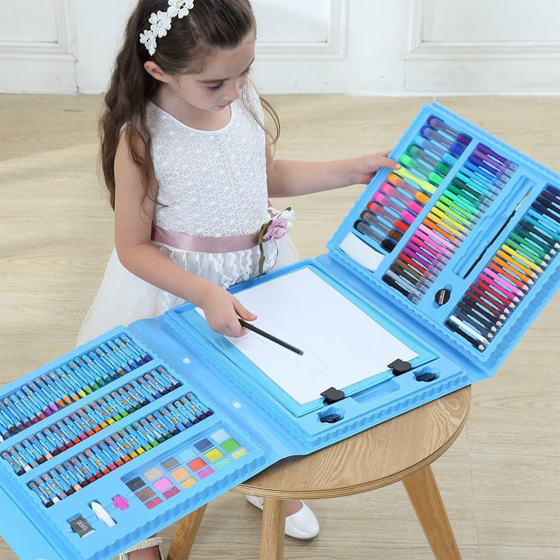 Set Complet Pictura si Desen pentru Copii, Servieta Organizatoare cu Maner, Carioci, Creioane si Acuarele, 208 Piese, 3-12 Ani, 40.5 x 30 cm, Albastru