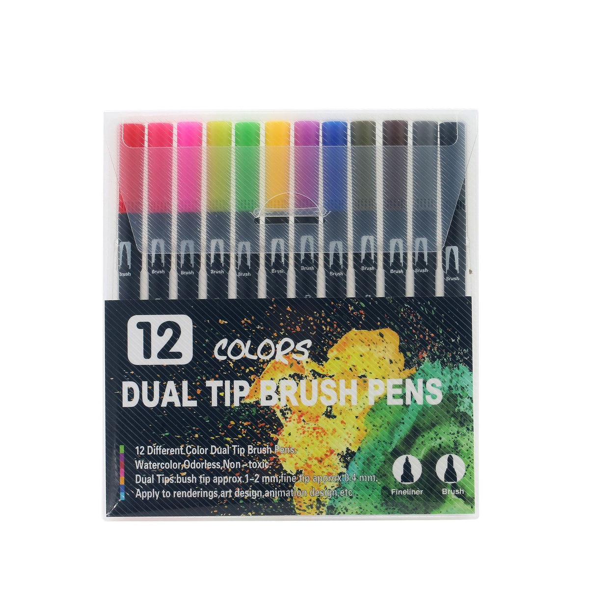 Set 12 Carioci cu Dublu Varf, Pensula 1-2 mm si Liner 0.4 mm, Cerneala pe Baza de Apa, Corp Plastic Negru, Multicolor
