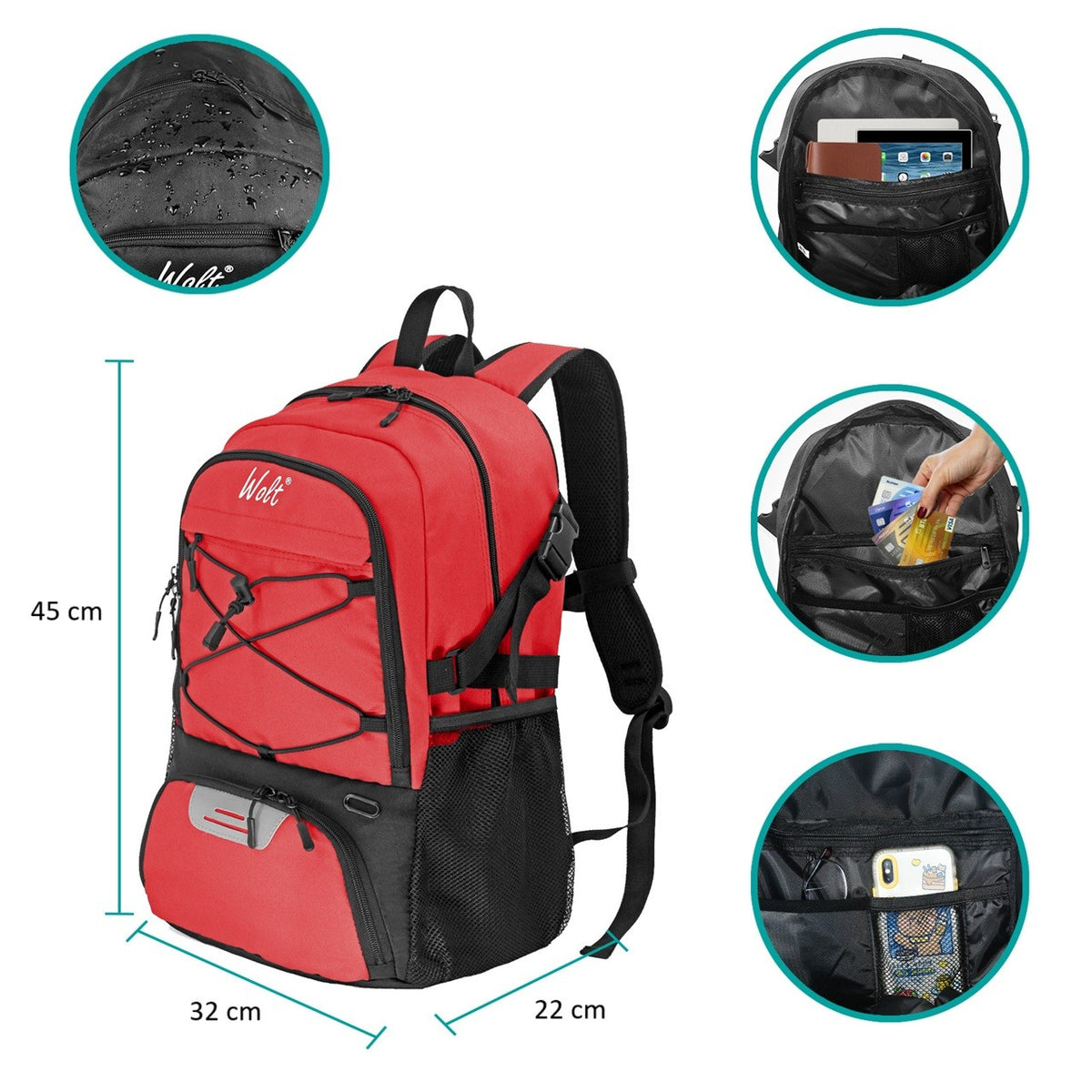 Rucsac Baschet si Sport Multifunctional, Compartiment Minge si Incaltaminte, Spatiu Laptop, Panza Oxford Impermeabila, 32 Litri, 45x32x22 cm, Rosu-Negru