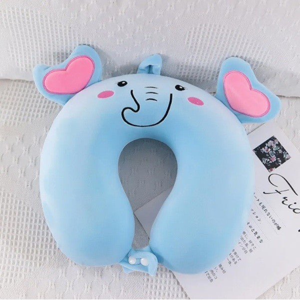 Pernă de Călătorie Ergonomică în Formă de U, Spumă cu Memorie pentru Suport Gât și Cap, Husă Catifea Detașabilă cu Fermoar, Sistem Prindere Capse, 30x30 cm, Model Elefant, Albastru